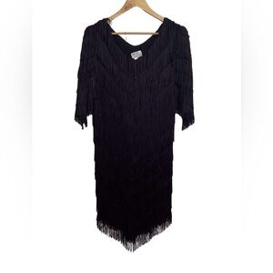 Hal Ferman Vintage Black Fringe Flapper Dress Size 12